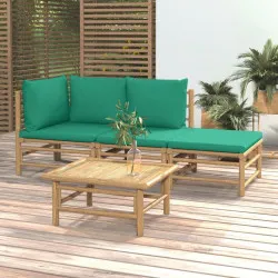 Градински лаундж комплект със зелени възглавници 4 части бамбук