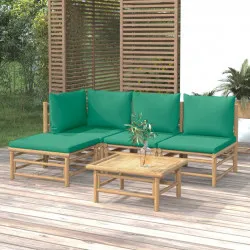 Градински лаундж комплект, 5 части, зелени възглавници, бамбук