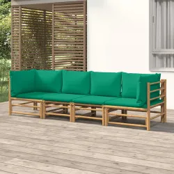 Градински лаундж комплект със зелени възглавници 4 части бамбук