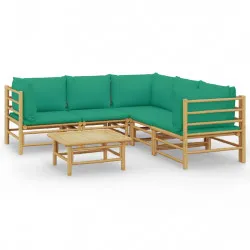 Градински лаундж комплект, 6 части, зелени възглавници, бамбук