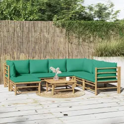 Градински лаундж комплект, 8 части, зелени възглавници, бамбук