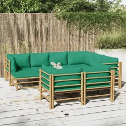 Градински лаундж комплект, 10 части, зелени възглавници, бамбук