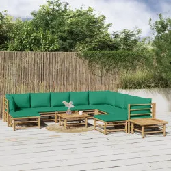 Градински лаундж комплект, 12 части, зелени възглавници, бамбук