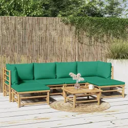 Градински лаундж комплект, 7 части, зелени възглавници, бамбук