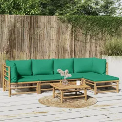 Градински лаундж комплект, 6 части, зелени възглавници, бамбук