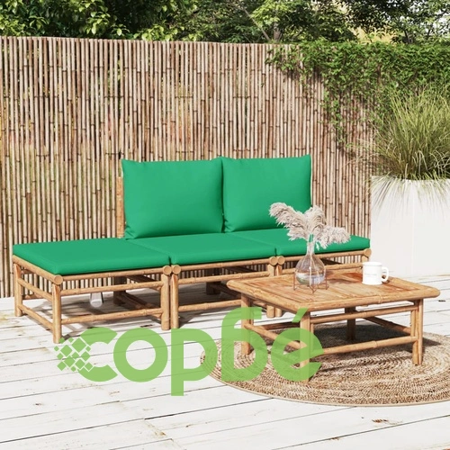 Градински лаундж комплект със зелени възглавници 4 части бамбук ➤ топ цена ➤ sorbe.bg