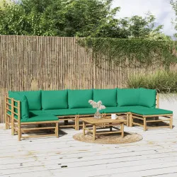 Градински лаундж комплект, 8 части, зелени възглавници, бамбук