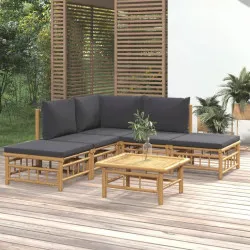 Градински лаундж комплект тъмносиви възглавници 6 части бамбук