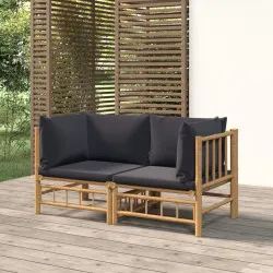 Градински ъглови дивани, 2 бр, тъмносиви възглавници, бамбук