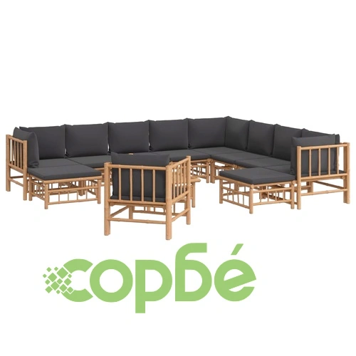 Градински лаундж комплект тъмносиви възглавници 12 части бамбук ➤ топ цена ➤ sorbe.bg