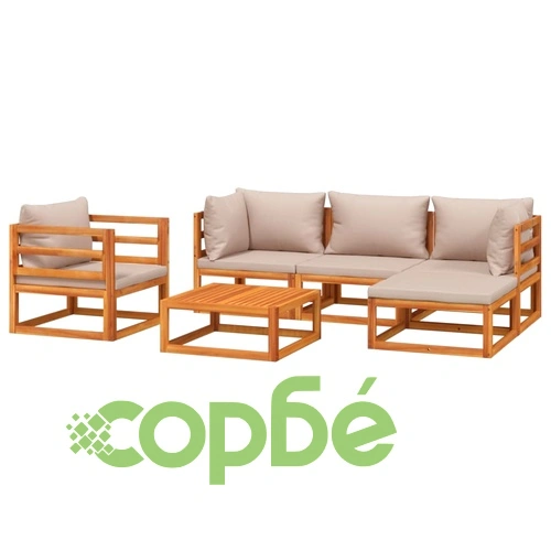 Градински комплект с възглавници таупе, 6 части, дърво масив ➤ топ цена ➤ sorbe.bg