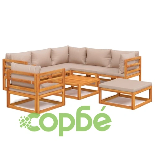 Градински комплект с възглавници таупе, 8 части, дърво масив ➤ топ цена ➤ sorbe.bg