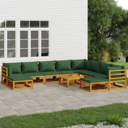 Градински комплект със зелени възглавници, 11части, дърво масив