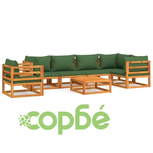 Градински комплект със зелени възглавници, 7 части, дърво масив ➤ топ цена ➤ sorbe.bg