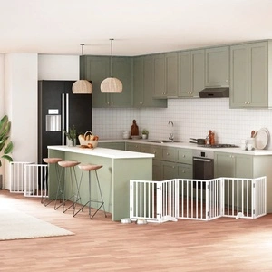 Сгъваема преграда за кучета с врата 9 панела бял 450 см топола