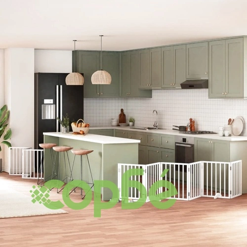 Сгъваема преграда за кучета с врата 9 панела бял 450 см топола ➤ топ цена ➤ sorbe.bg