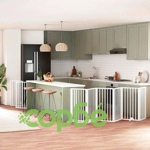 Сгъваема преграда за кучета с врата 9 панела бял 450 см топола ➤ топ цена ➤ sorbe.bg