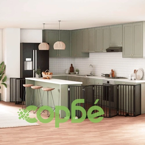 Сгъваема преграда за куче с врата 9 панела черна 450 см топола ➤ топ цена ➤ sorbe.bg