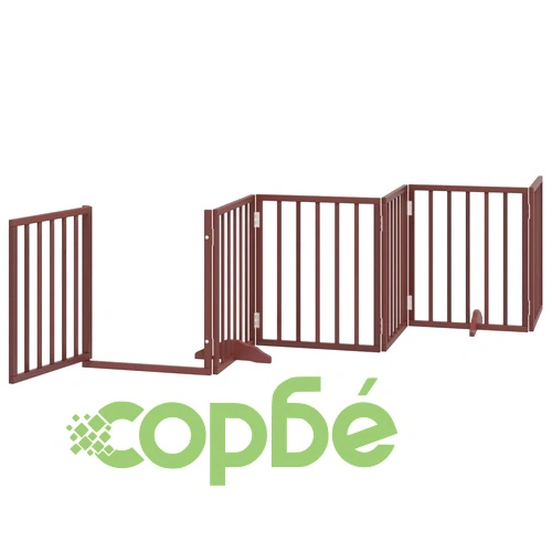 Сгъваема преграда за куче с врата 9 панела кафява 450 см топола ➤ топ цена ➤ sorbe.bg