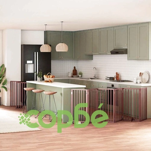 Сгъваема преграда за куче с врата 9 панела кафява 450 см топола ➤ топ цена ➤ sorbe.bg