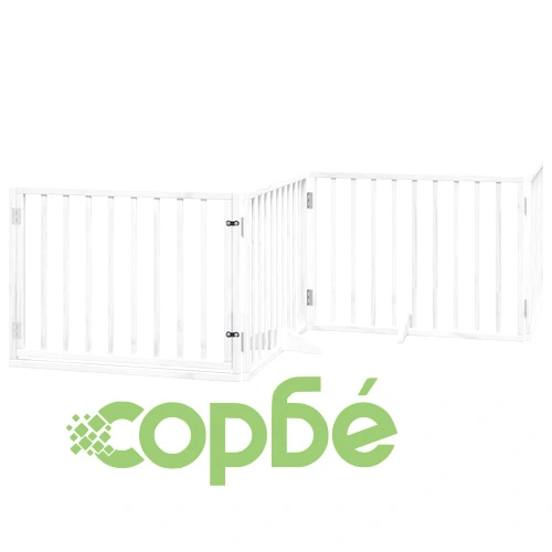 Сгъваема преграда за кучета с врата 8 панела бял 640 см топола ➤ топ цена ➤ sorbe.bg