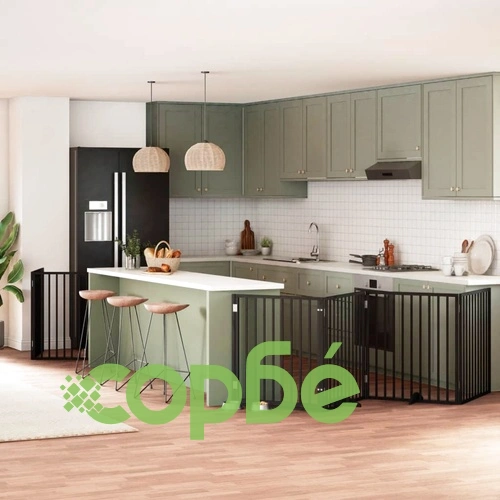 Сгъваема преграда за куче с врата 10 панела черна 800 см топола ➤ топ цена ➤ sorbe.bg