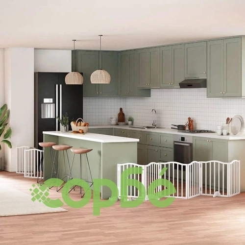 Сгъваема преграда за кучета с врата 9 панела бял 450 см топола ➤ топ цена ➤ sorbe.bg