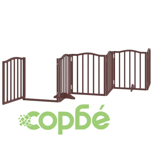 Сгъваема преграда за куче с врата 9 панела кафява 450 см топола ➤ топ цена ➤ sorbe.bg