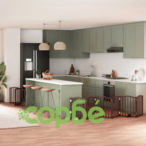 Сгъваема преграда за куче с врата 9 панела кафява 450 см топола ➤ топ цена ➤ sorbe.bg