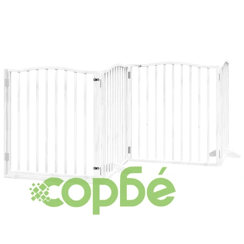 Сгъваема преграда за кучета с врата 6 панела бял 480 см топола ➤ топ цена ➤ sorbe.bg