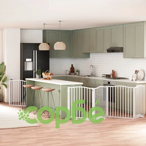 Сгъваема преграда за кучета с врата 6 панела бял 480 см топола ➤ топ цена ➤ sorbe.bg