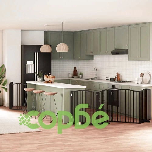 Сгъваема преграда за куче с врата 8 панела черна 640 см топола ➤ топ цена ➤ sorbe.bg