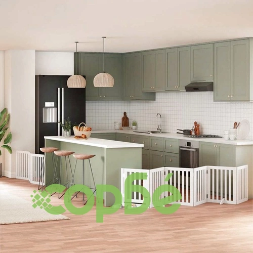 Сгъваема преграда за кучета с врата 9 панела бял 450 см топола ➤ топ цена ➤ sorbe.bg