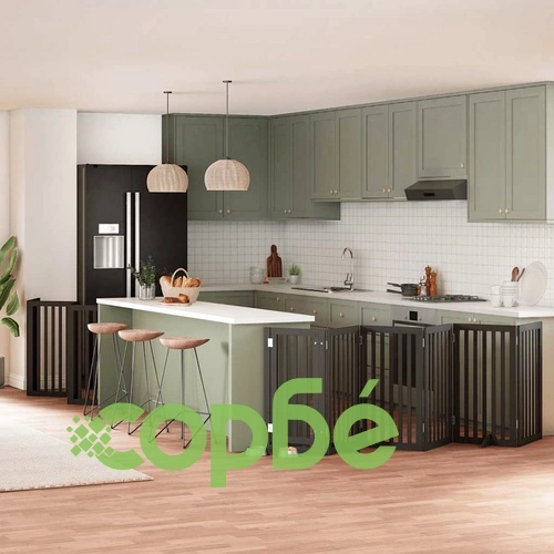 Сгъваема преграда за куче с врата 15 панела черна 750 см топола ➤ топ цена ➤ sorbe.bg