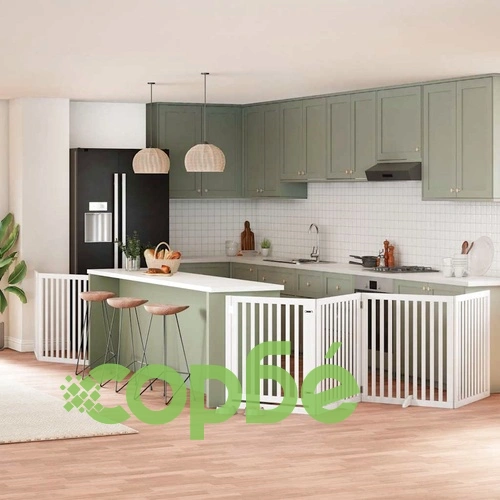 Сгъваема преграда за кучета с врата 8 панела бял 640 см топола ➤ топ цена ➤ sorbe.bg