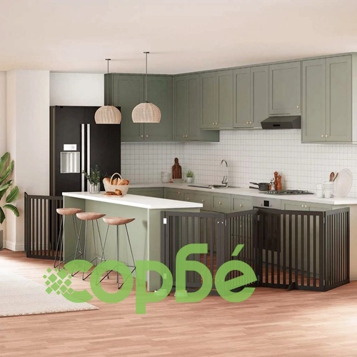 Сгъваема преграда за куче с врата 8 панела черна 640 см топола ➤ топ цена ➤ sorbe.bg