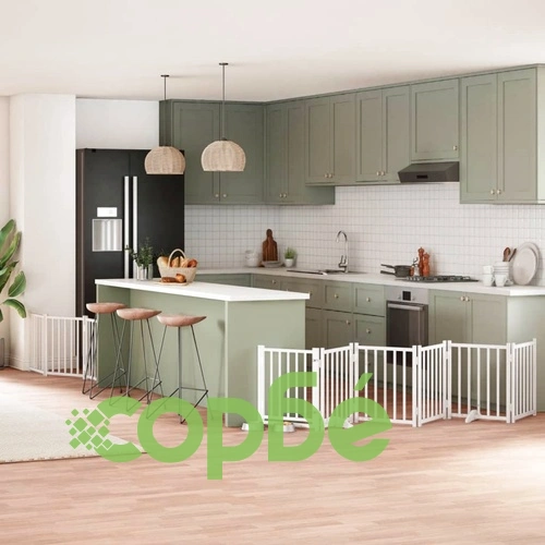 Сгъваема преграда за кучета с врата 9 панела бял 450 см топола ➤ топ цена ➤ sorbe.bg