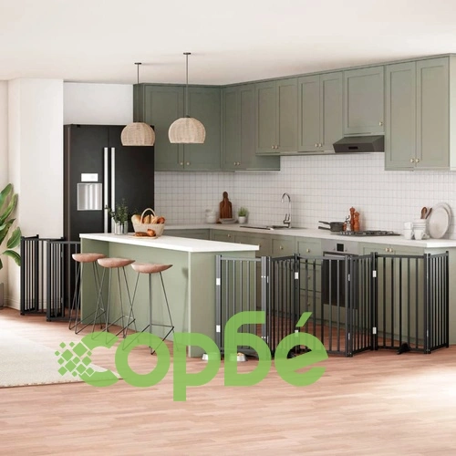 Сгъваема преграда за куче с врата 15 панела черна 750 см топола ➤ топ цена ➤ sorbe.bg