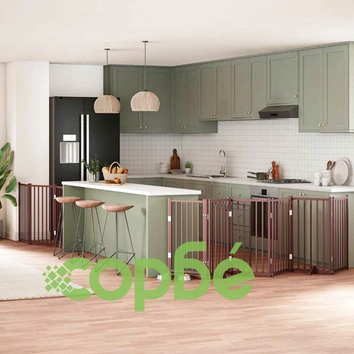 Сгъваема преграда за куче с врата 9 панела кафява 450 см топола ➤ топ цена ➤ sorbe.bg