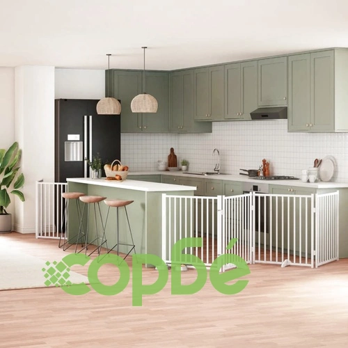 Сгъваема преграда за кучета с врата 8 панела бял 640 см топола ➤ топ цена ➤ sorbe.bg