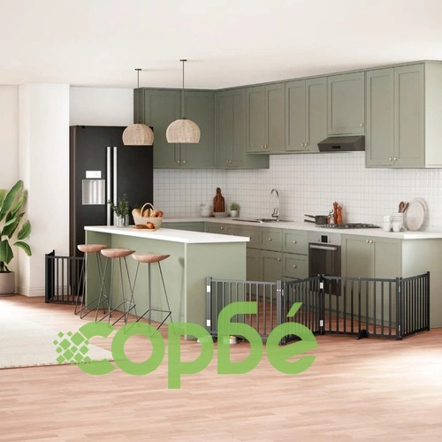 Сгъваема преграда за куче с врата 6 панела черна 480 см топола ➤ топ цена ➤ sorbe.bg