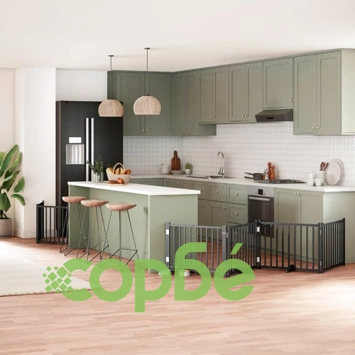 Сгъваема преграда за куче с врата 8 панела черна 640 см топола ➤ топ цена ➤ sorbe.bg