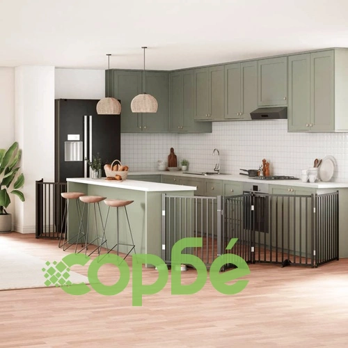 Сгъваема преграда за куче с врата 6 панела черна 480 см топола ➤ топ цена ➤ sorbe.bg