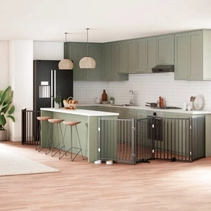 Сгъваема преграда за куче с врата 8 панела черна 640 см топола