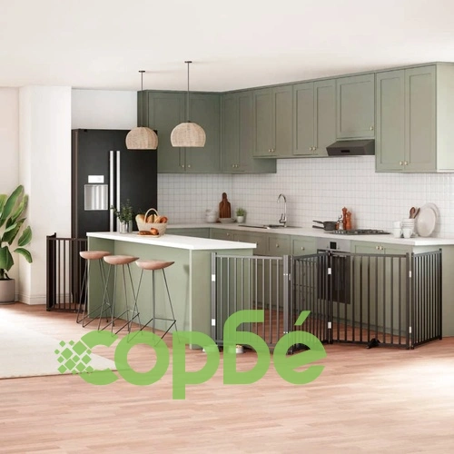 Сгъваема преграда за куче с врата 8 панела черна 640 см топола ➤ топ цена ➤ sorbe.bg