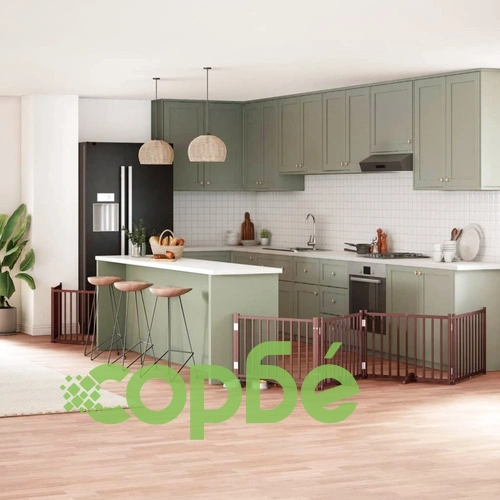 Сгъваема преграда за куче с врата 6 панела кафява 480 см топола ➤ топ цена ➤ sorbe.bg