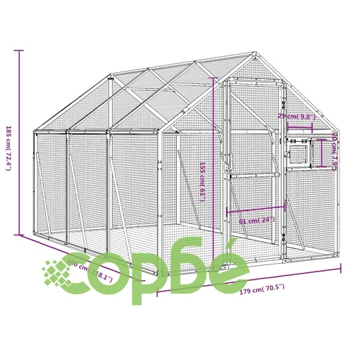 Волиера, сребриста, 1,79x3x1,85 м, алуминий ➤ топ цена ➤ sorbe.bg