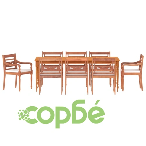 Градински комплект, 9 части, бял с възглавници, тик масив ➤ топ цена ➤ sorbe.bg