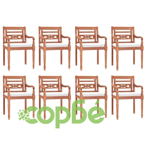 Градински комплект, 9 части, бял с възглавници, тик масив ➤ топ цена ➤ sorbe.bg