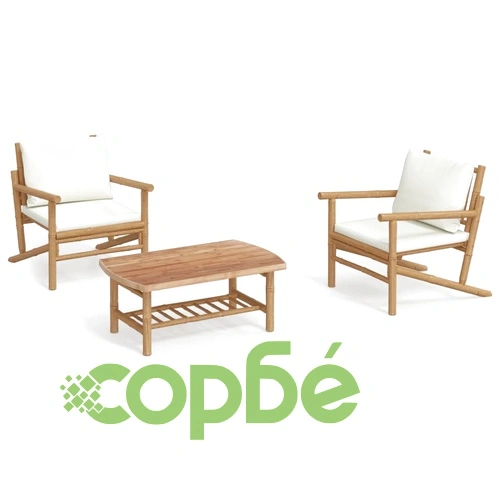 Градински лаундж комплект с кремави възглавници 3 части бамбук ➤ топ цена ➤ sorbe.bg